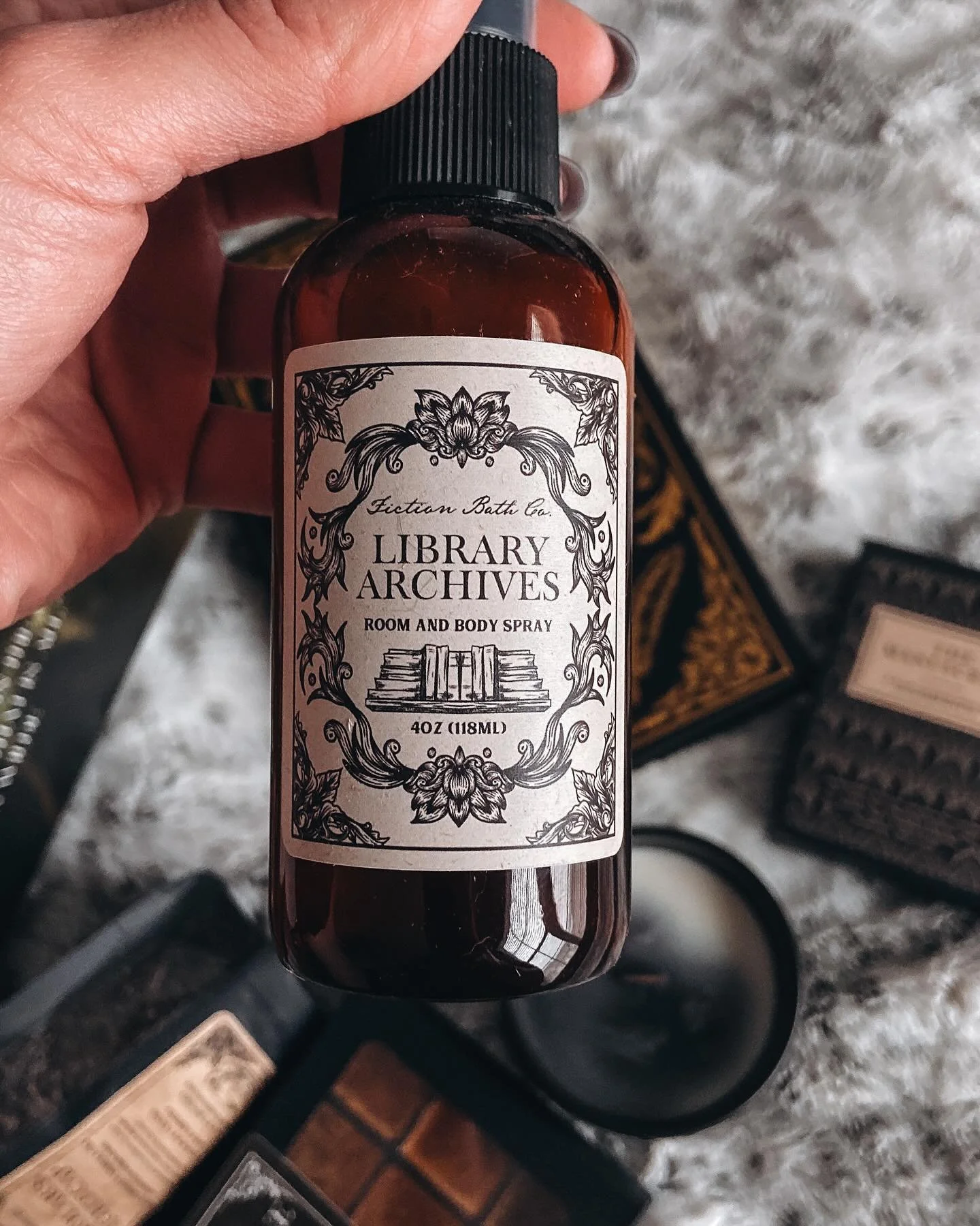 Happy Monday! What book are you looking forward to reading this week? I just started the full-cast audiobook of DUNE.

Here are some treasures from the @fictionbathco DARK ACADEMIA winter pamper box - library archives room spray, scholar&rsquo;s nigh