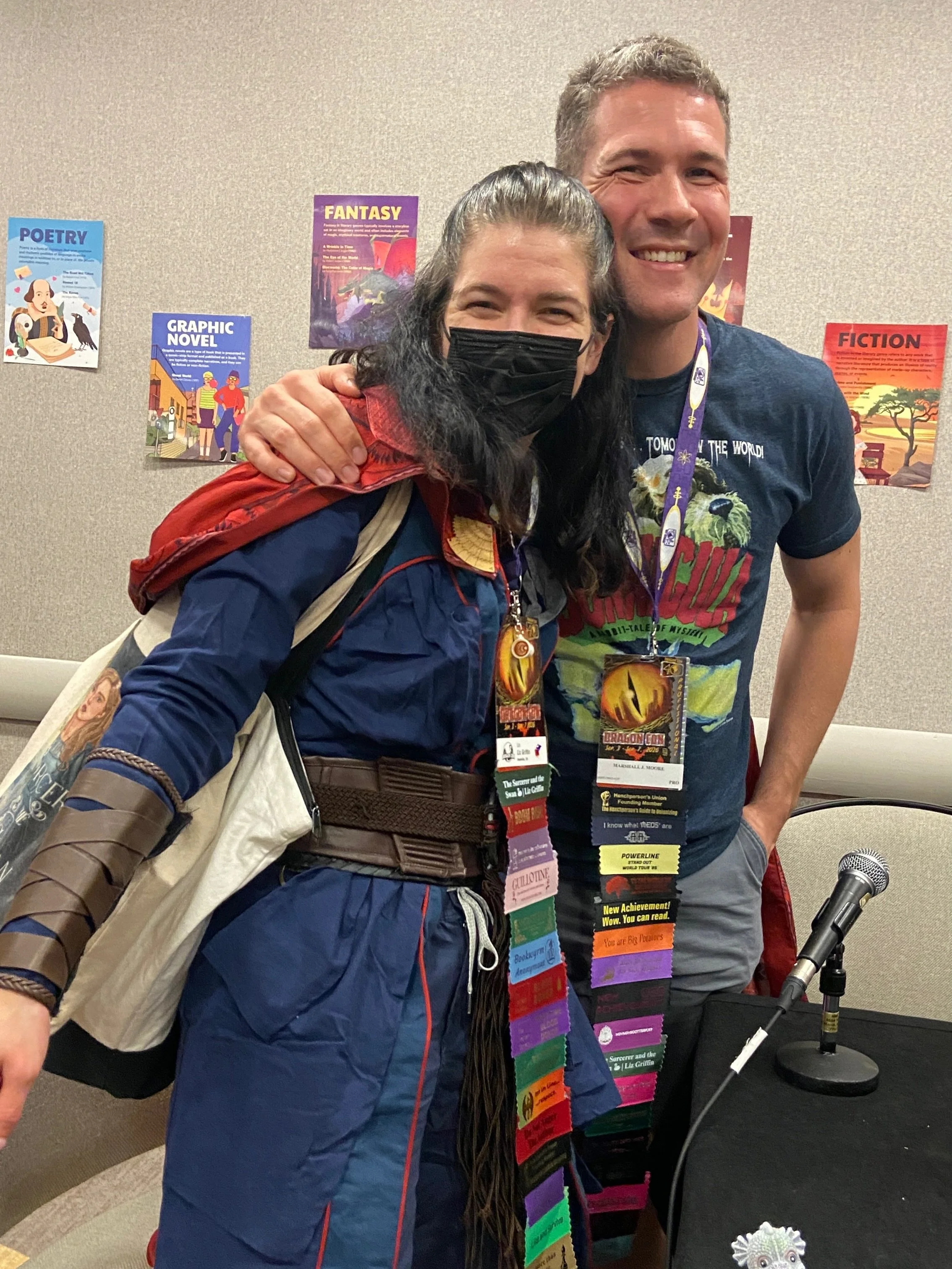 Sunday 🐉 DragonCon 

First time with this Doctor Strange cosplay, and boy was it hot! I might cannibalize bits of it for a Beauregard Lionet cosplay next year.

Anyway! @marshalljmooreauthor probably thinks I&rsquo;m following him around the con, bu
