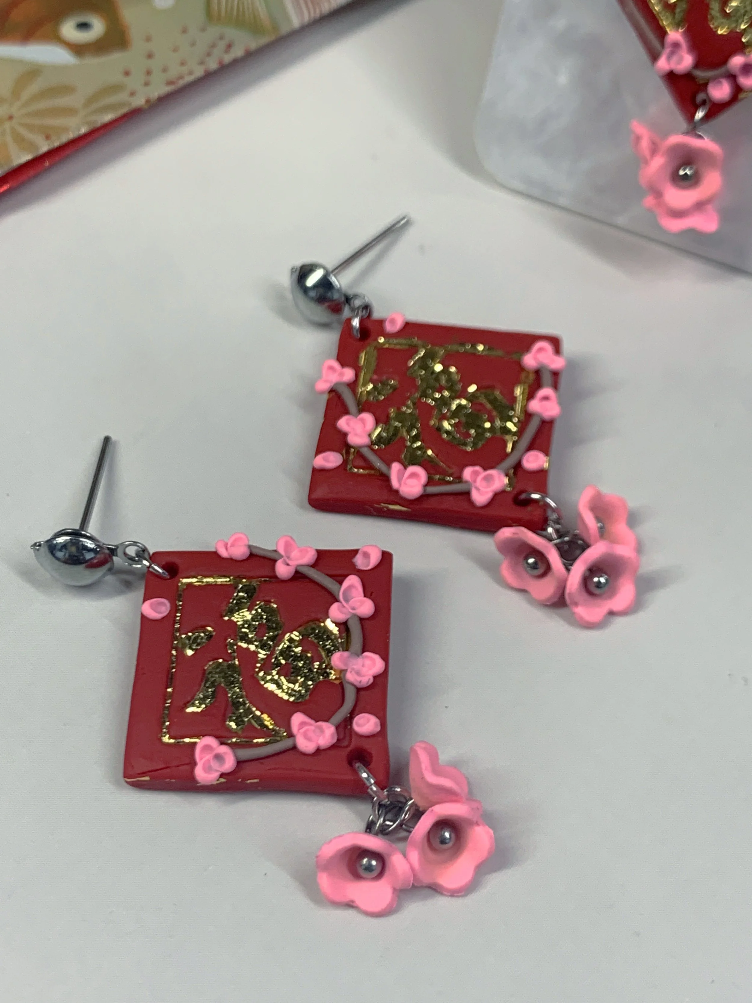 CNY Gold fortune square with peach blossoms dangling studs