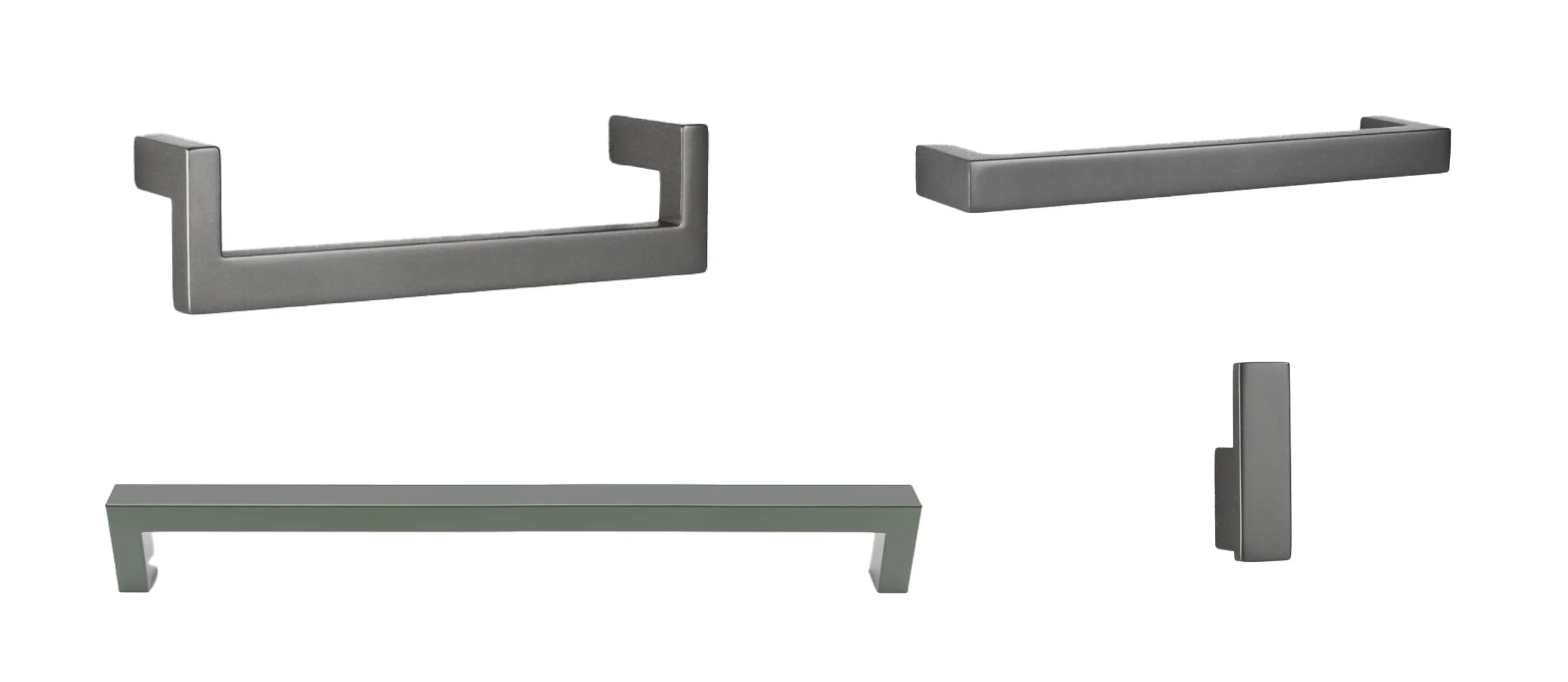 Modern angular drawer and cabinet handles in metallic finish