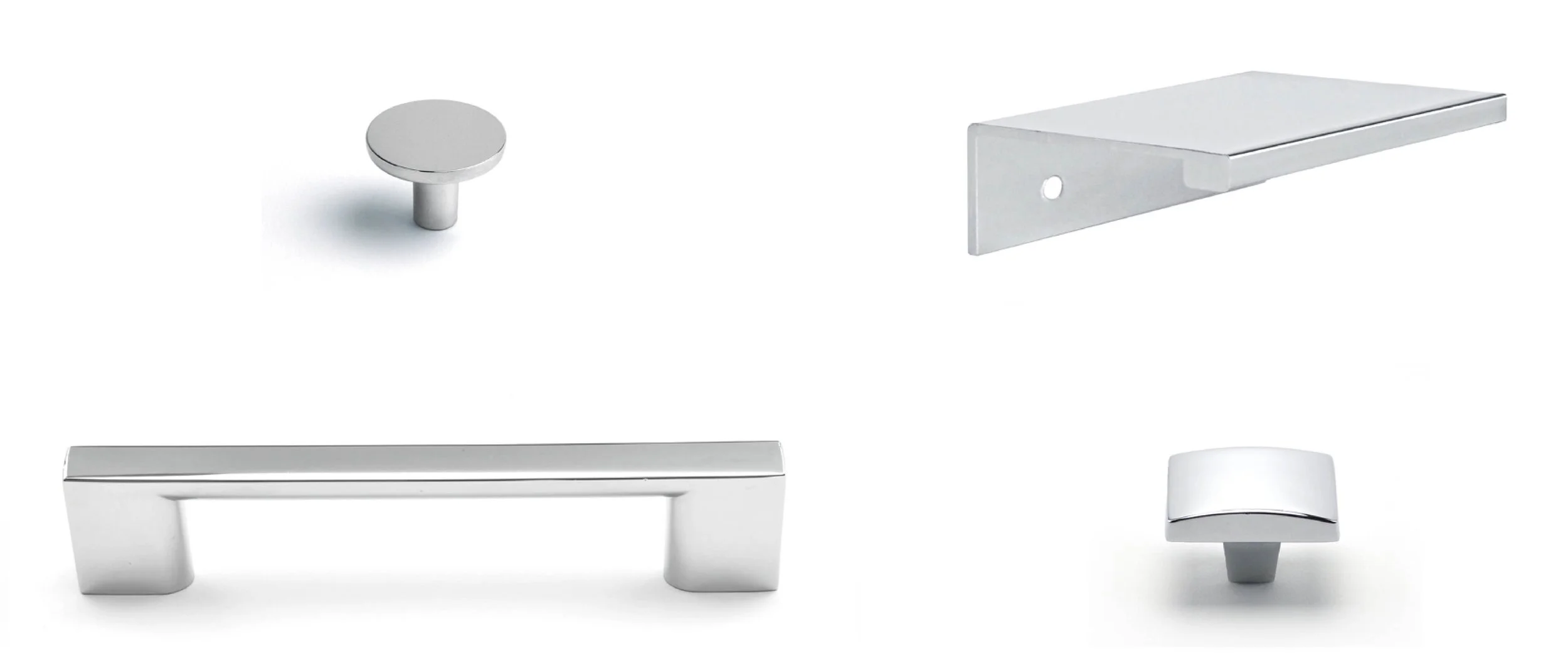 Selection of chrome furniture handles and knobs on a white background, including a round knob, L-shaped handle, rectangular pull, and square knob.