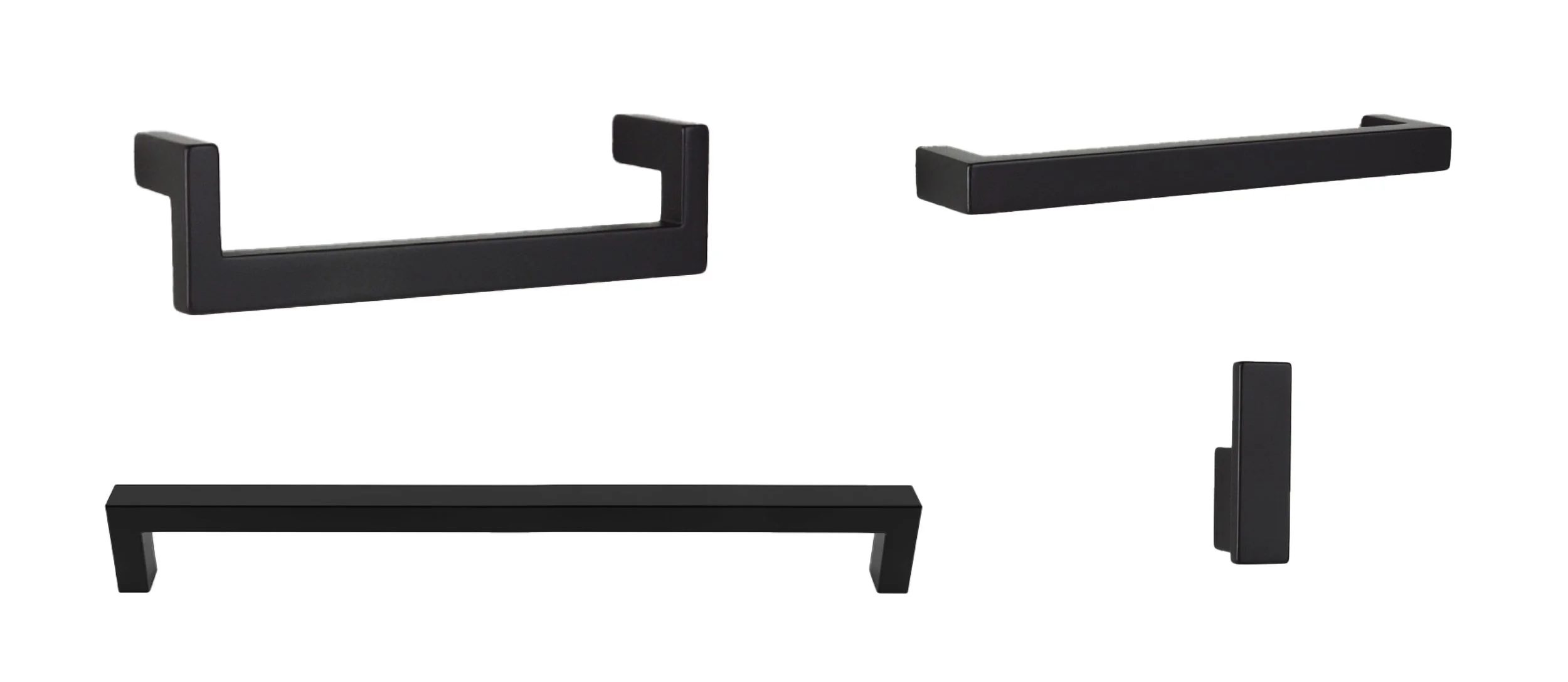 Black metal cabinet handles and hooks on a white background.