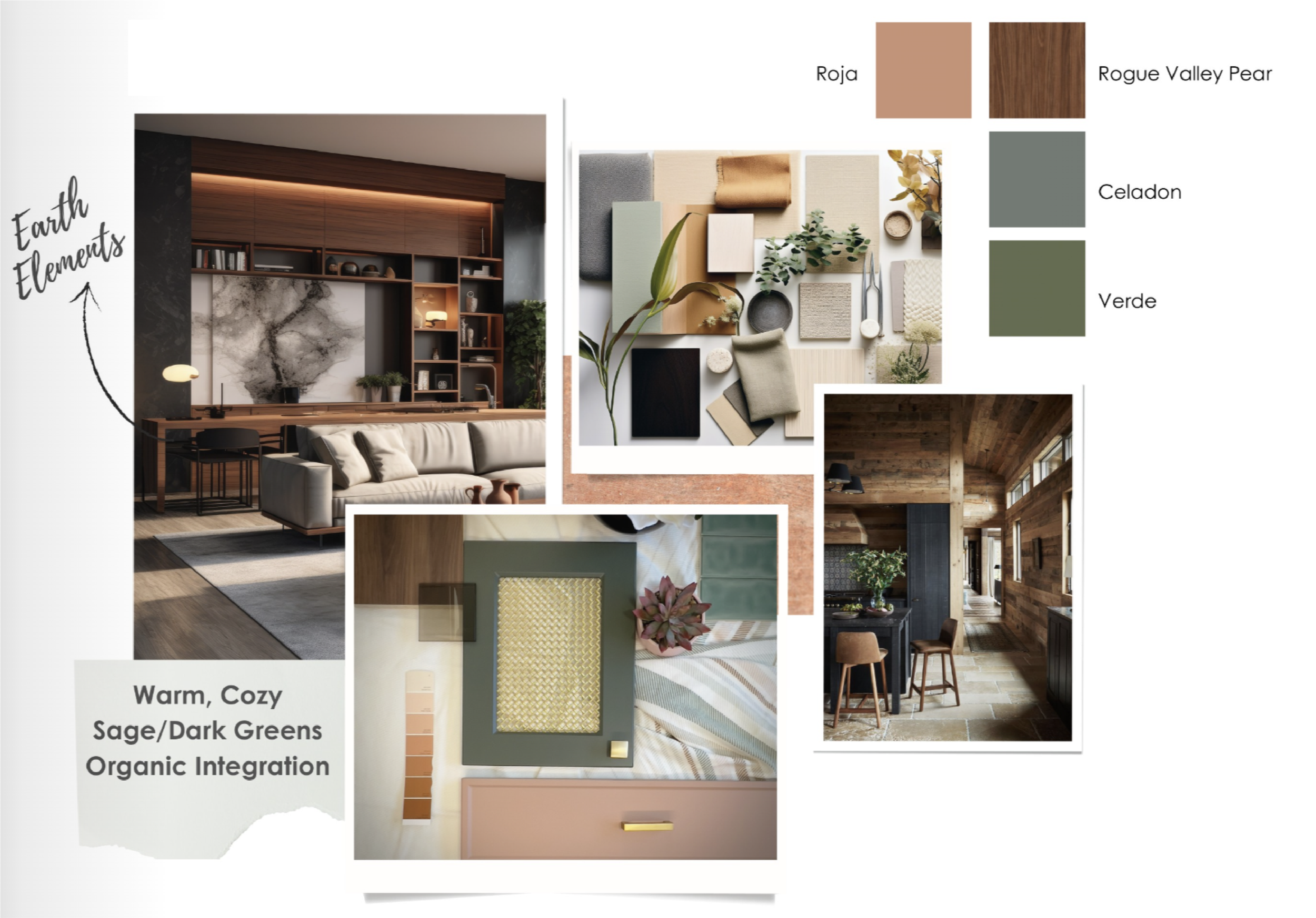 Collage of interior design elements featuring a cozy living room with earth-toned color samples named Roja, Rogue Valley Pear, Celadon, and Verde, along with mood board materials including fabrics, plants, and wooden textures.