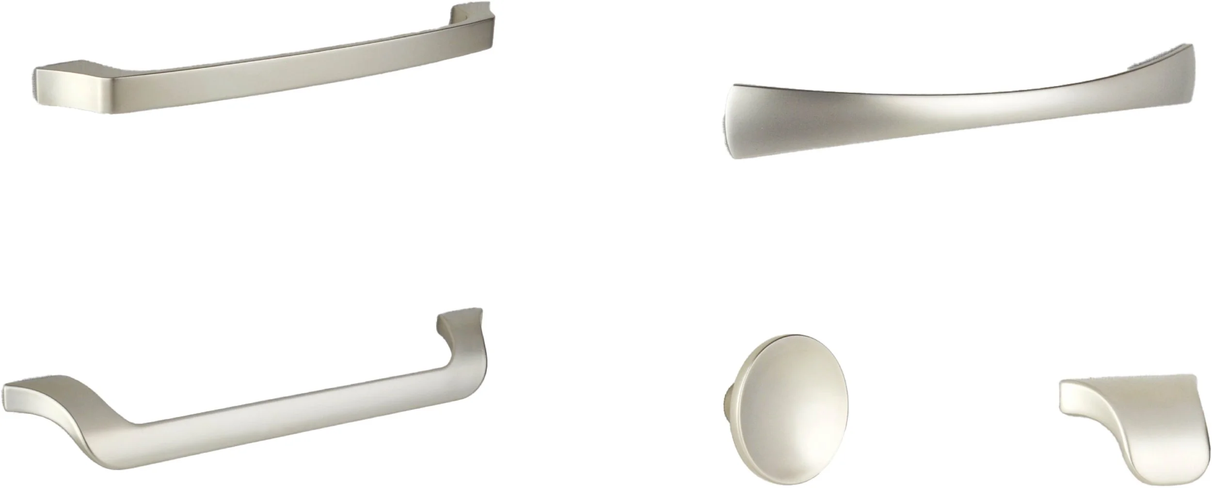 Various silver cabinet handles and knobs in different designs.