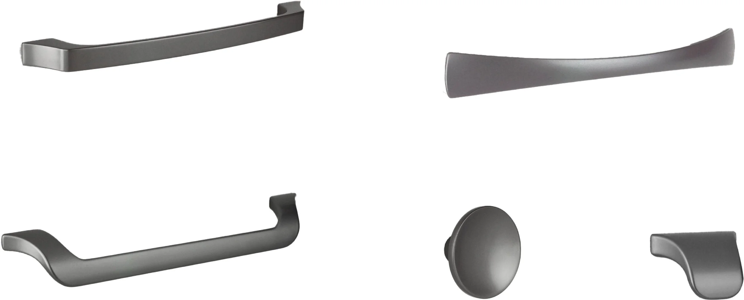 Assorted brushed nickel appliance handles and knobs on a white background.