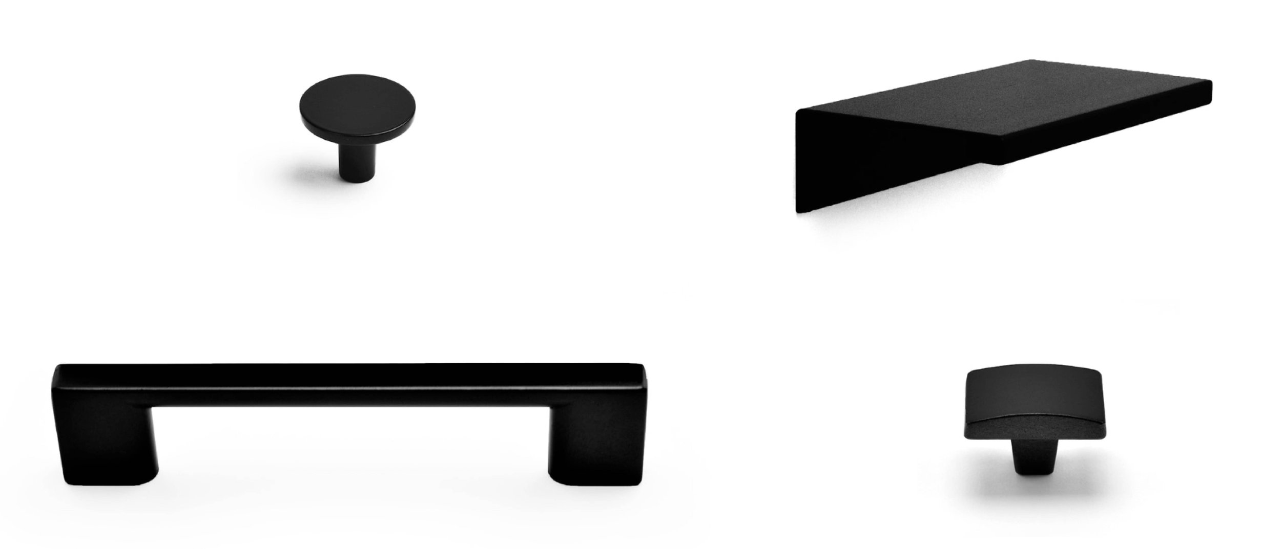 Black cabinet hardware including a knob and handles on a white background.