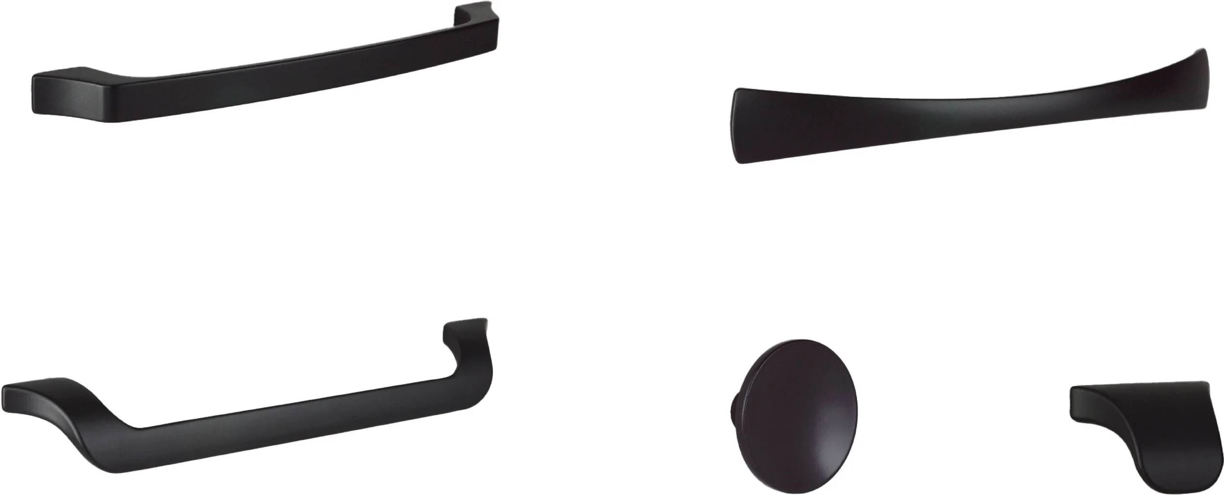 A collection of black cabinet handles and knobs, featuring various designs and shapes, displayed on a white background.
