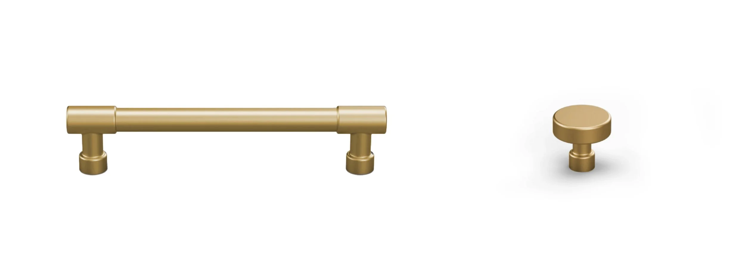 Gold cabinet handle and knob on a white background.