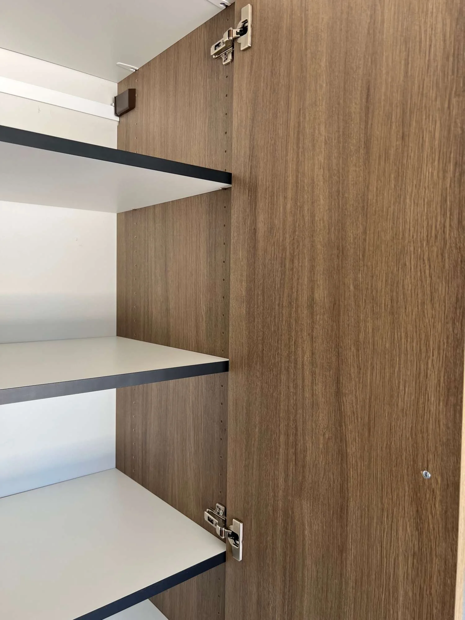 Wood-grain garage cabinet door opening to adjustable shelves, with concealed hinges