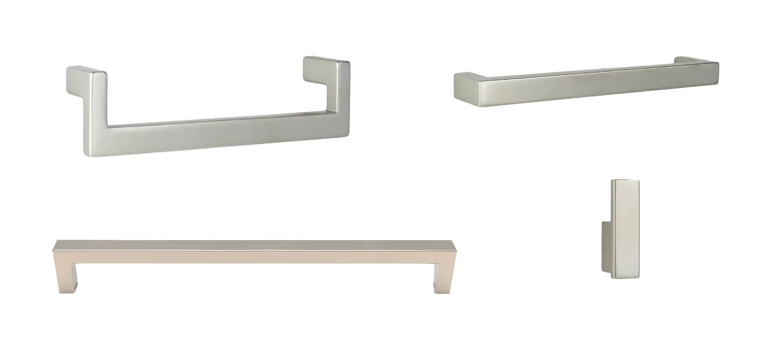 Set of modern silver cabinet handles and pulls displayed on a white background.