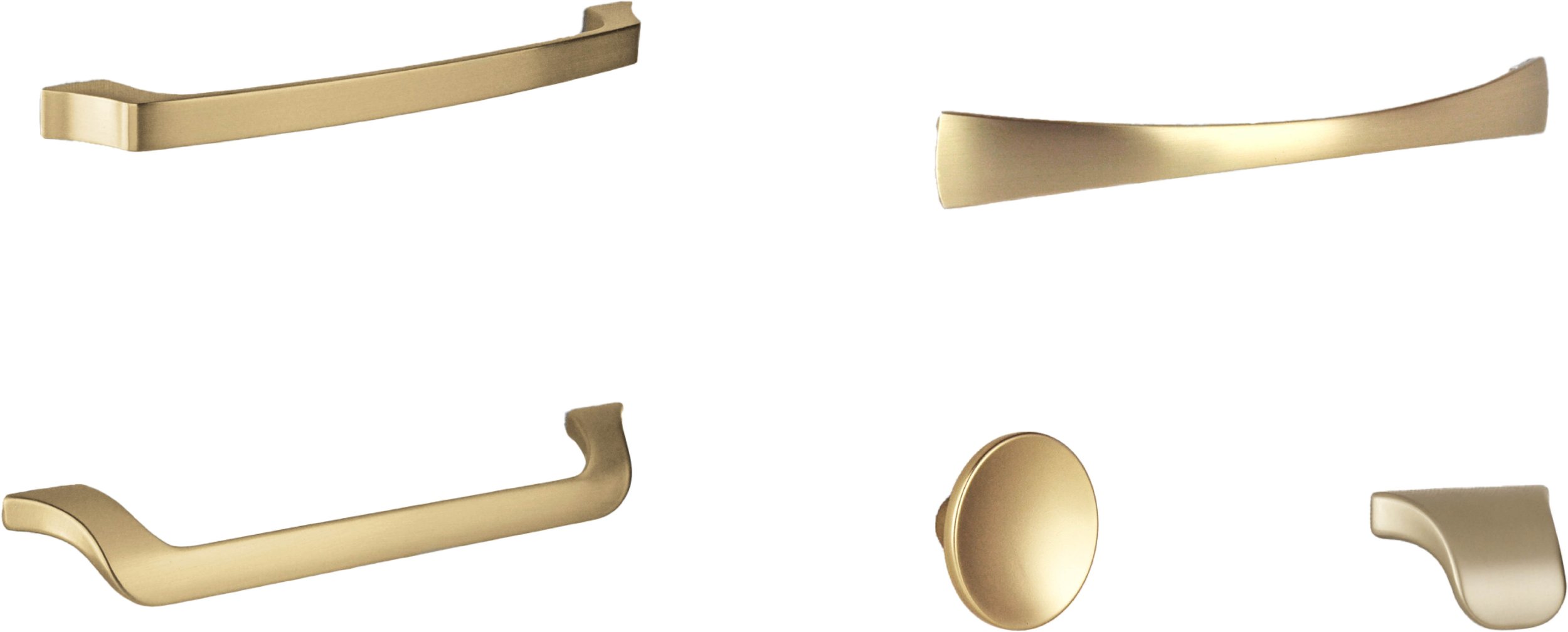 Assorted gold cabinet handles and knobs on a white background.