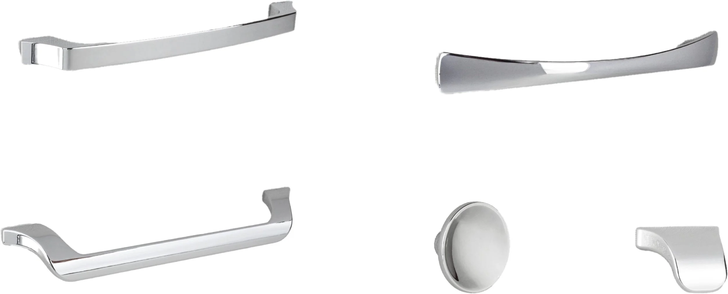 Various chrome cabinet and drawer handles on a white background, including bar and knob styles.