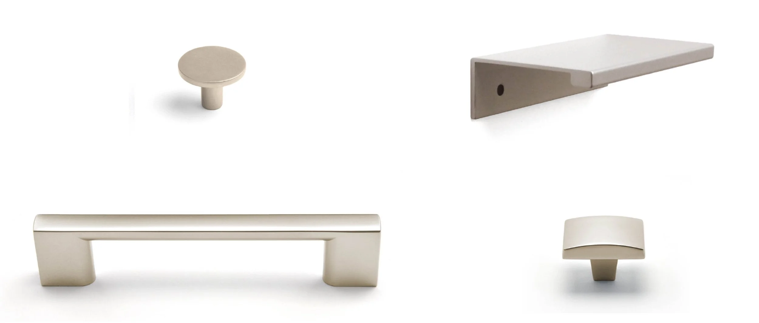 Various beige cabinet handles and knobs on a white background, including a round knob, an angled handle, a rectangular pull, and a square knob.