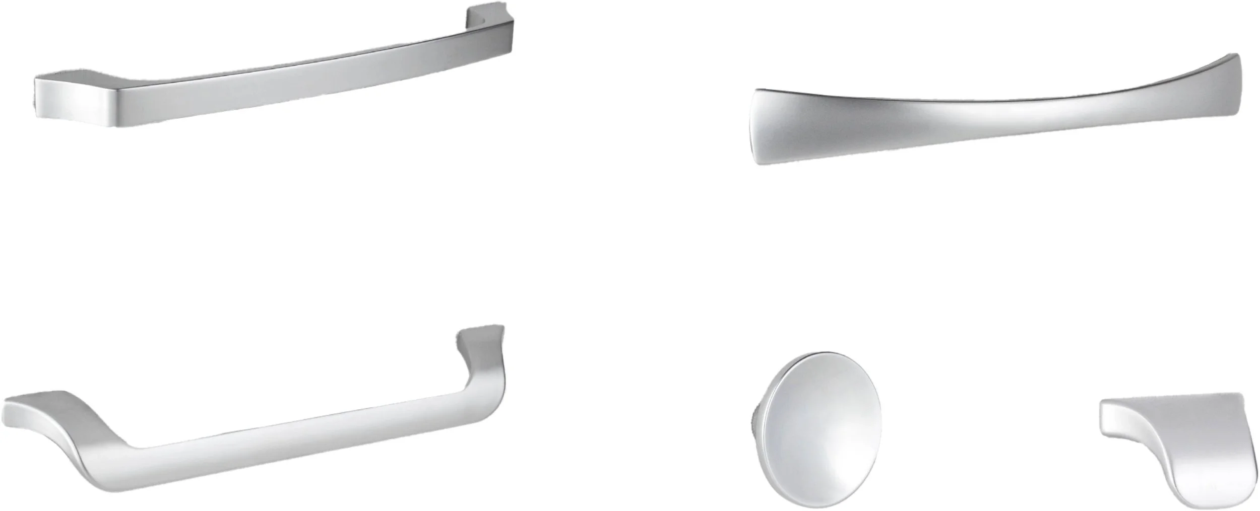 Five silver cabinet handles in different shapes displayed on a white background.