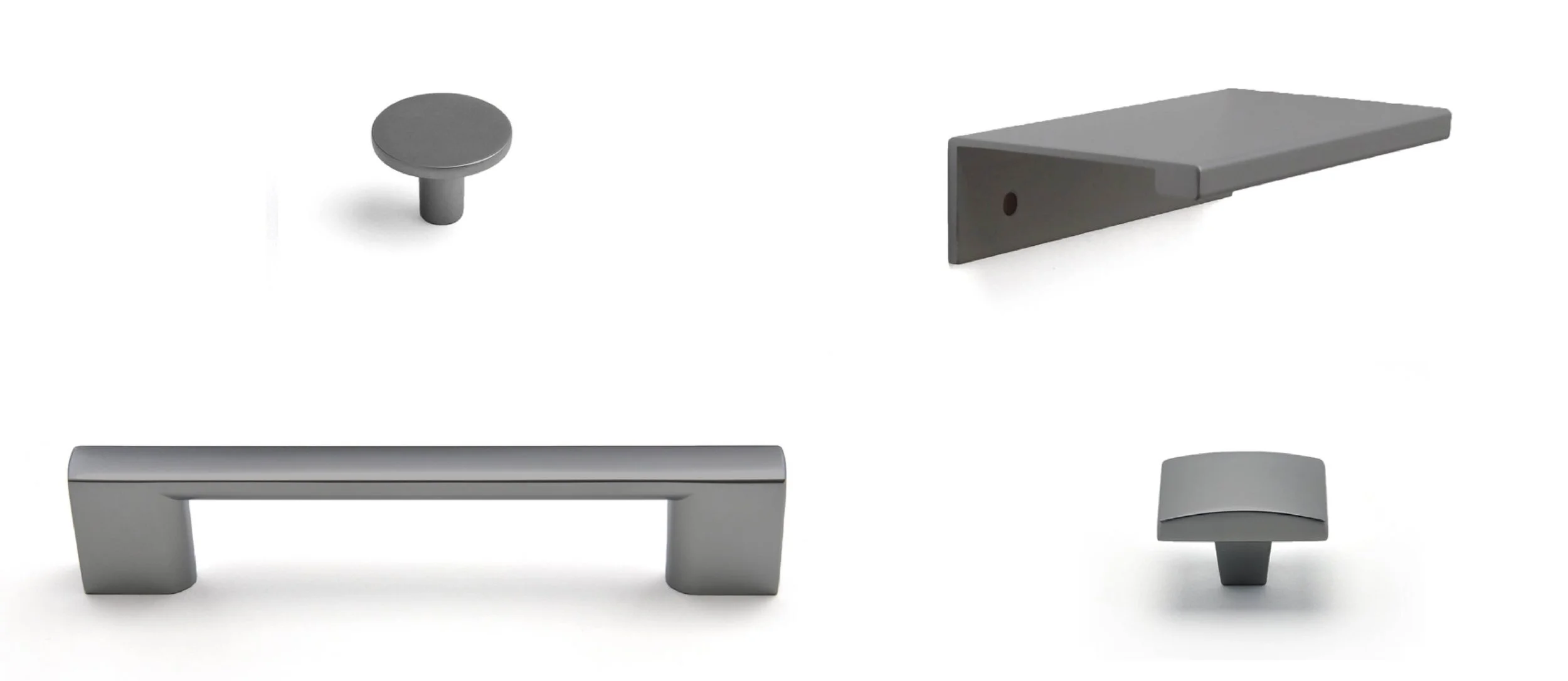 Various gray cabinet hardware including a round knob, a rectangular pull handle, and an angled contemporary handle on a white background.