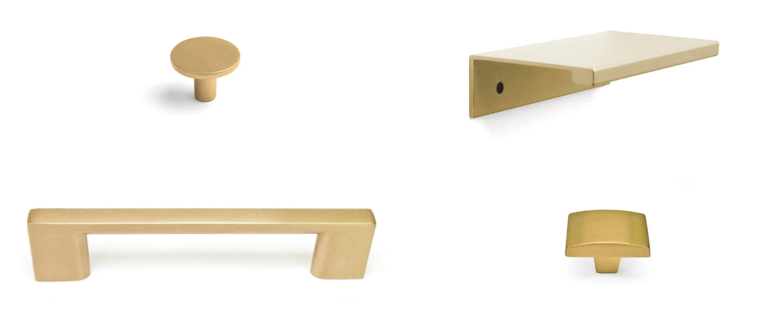 Gold cabinet hardware including a round knob, L-shaped handle, rectangular pull, and bar handle.