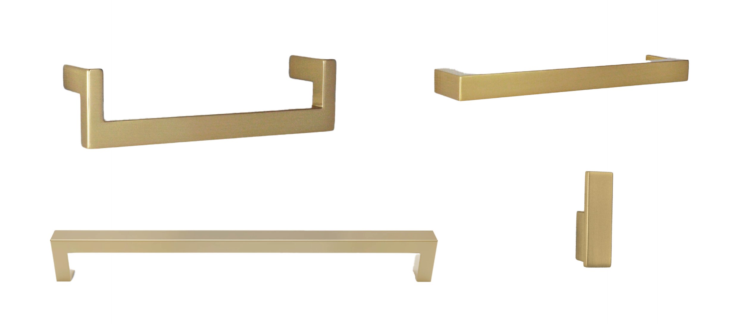 Four different gold cabinet handles and pulls on a plain background. The designs include a U-shaped handle, a long bar pull, and two variations of rectangular handles.