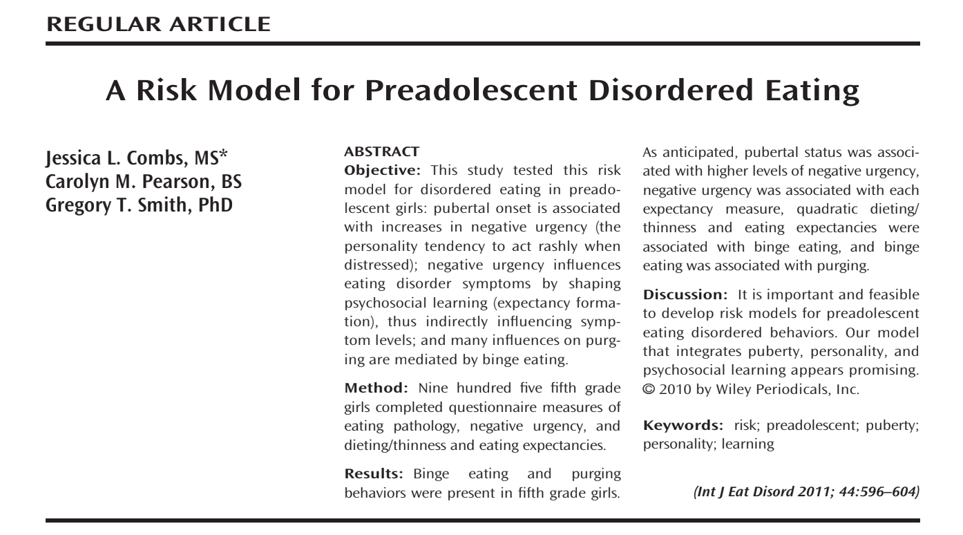 Combs, J. L., Pearson, C. M., & Smith, G. T. (2011). A risk model for pre-adolescent
disordered eating. The International Journal of Eating Disorders, 44, 596-604.