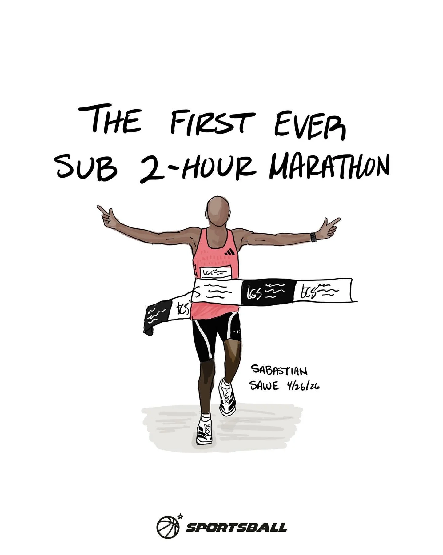 First ever sub 2-hour marathon 🏃🏽🚨

At the London Marathon this morning, Sabastian Sawe became the first person to run a marathon in under 120 minutes, finishing in 1:59:30.

That&rsquo;s an average 14:10 per 5k and 13.2 mph for 26.2 miles.