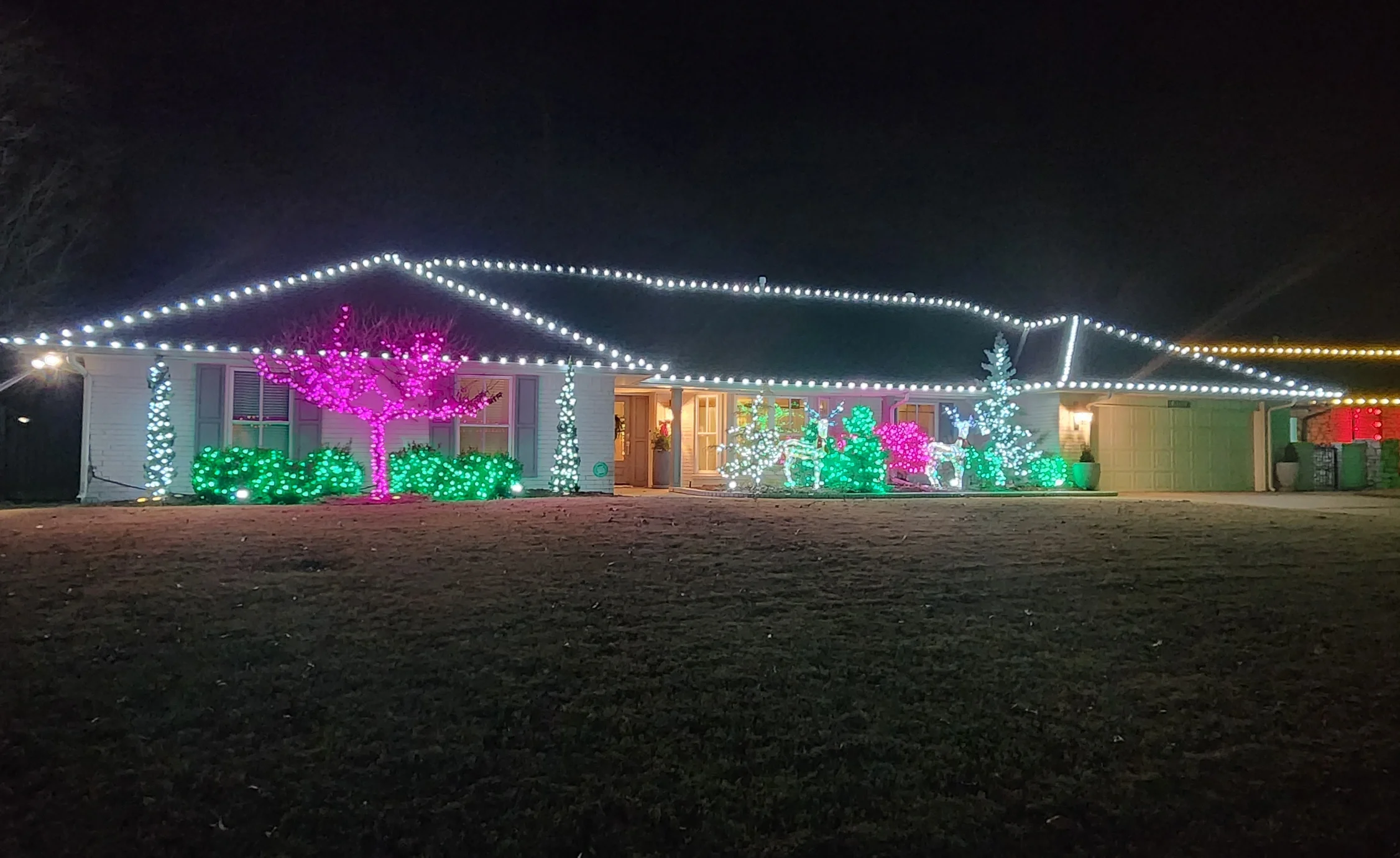 House decorated with colorful Christmas lights, including trees and bushes lit in pink, green, white, and blue, with white string lights outlining the roof at night.