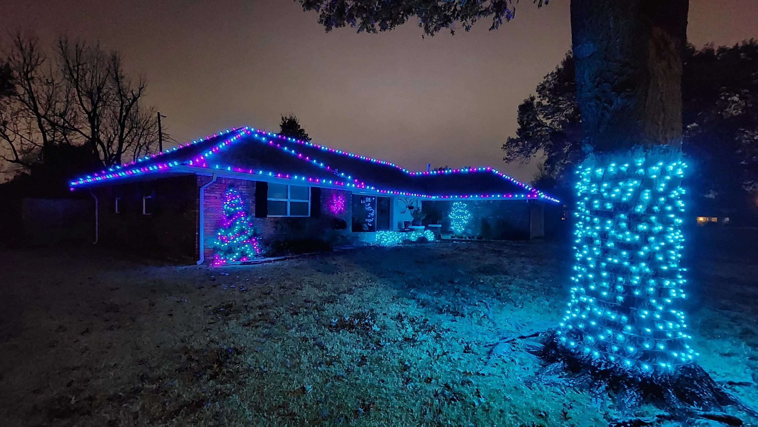House decorated with colorful Christmas lights including blue and pink lights along the roofline, a lit Christmas tree on the porch, and a large tree wrapped with blue lights outside, at night.