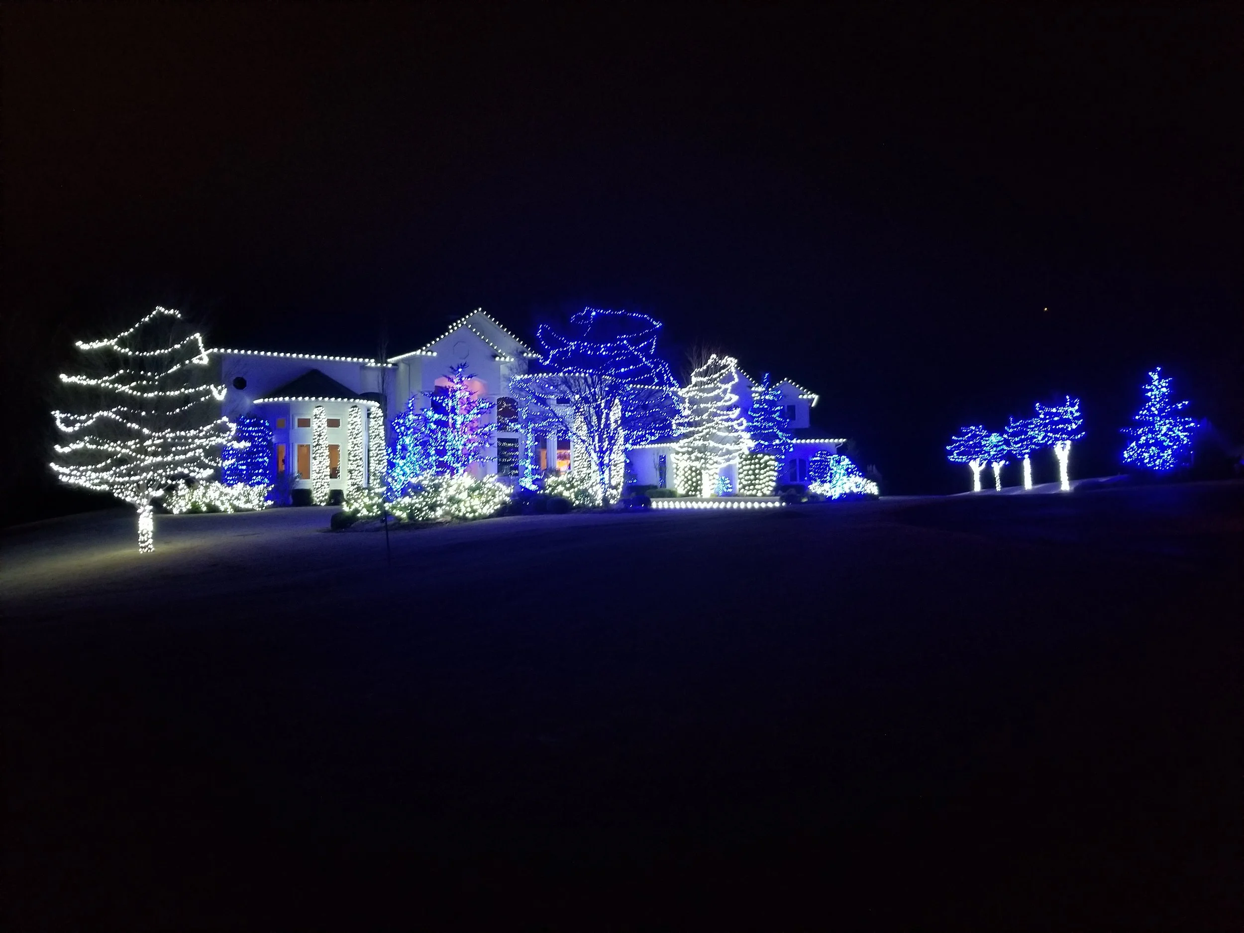 A house decorated with white and blue Christmas lights at night, with trees illuminated and a dark sky in the background.