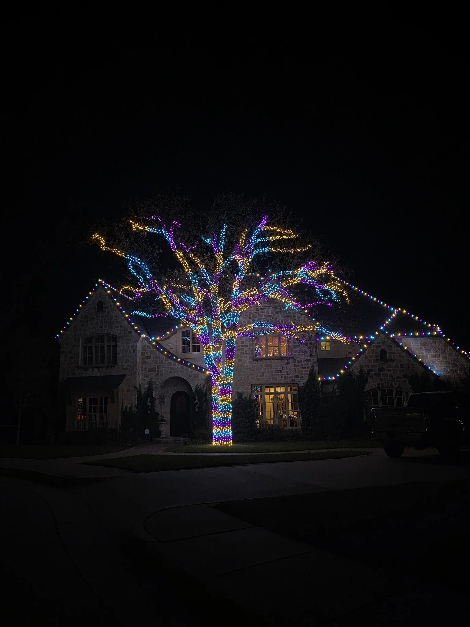 A house with a large tree in front, decorated with colorful holiday lights in blue, purple, and gold, illuminating the night.