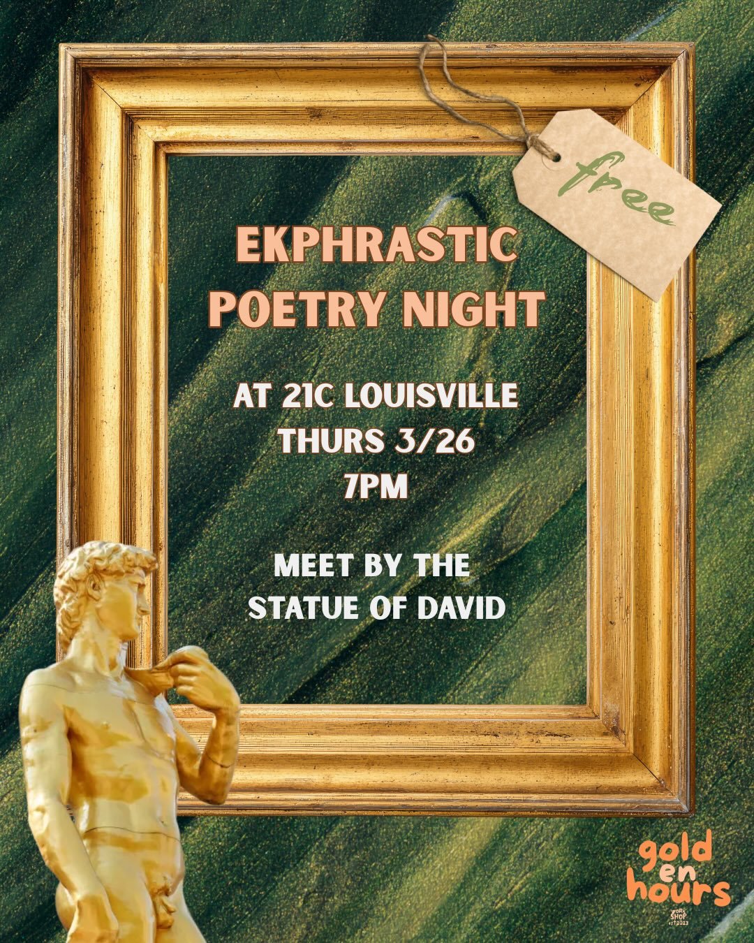 We cant wait 🥰
Join us Thursday 3/26 for a special Golden Hours field-trip&mdash;ekphrastic poetry night at 21c! Swipe to learn more about ekphrastic poetry if you aren&rsquo;t familiar! And as always:

-Claim your ticket in our bio
-Accessible and 