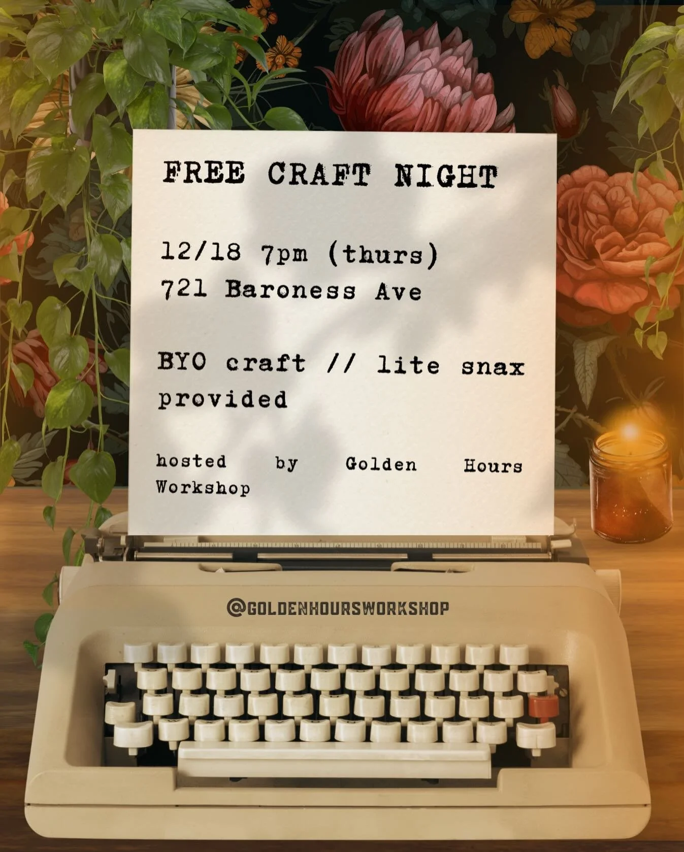 Bring a craft, eat light snacks, meet other chill creatives! 
✨DM us if you have any food allergies we should know about 
✨Bring any craft you&rsquo;d like to work on, and we will have a few craft materials available to share 
✨let&rsquo;s finish thi