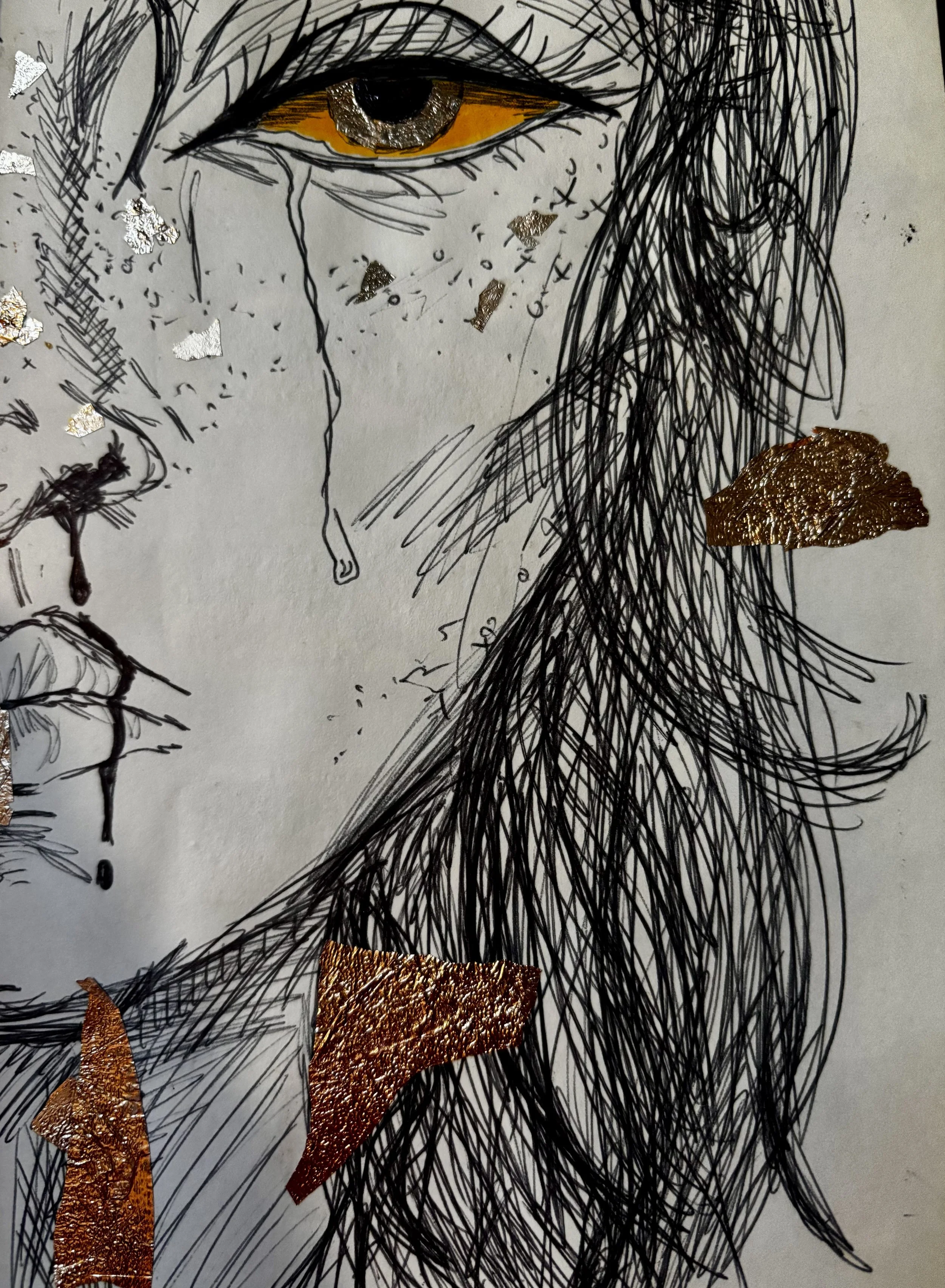 ink drawing, collage