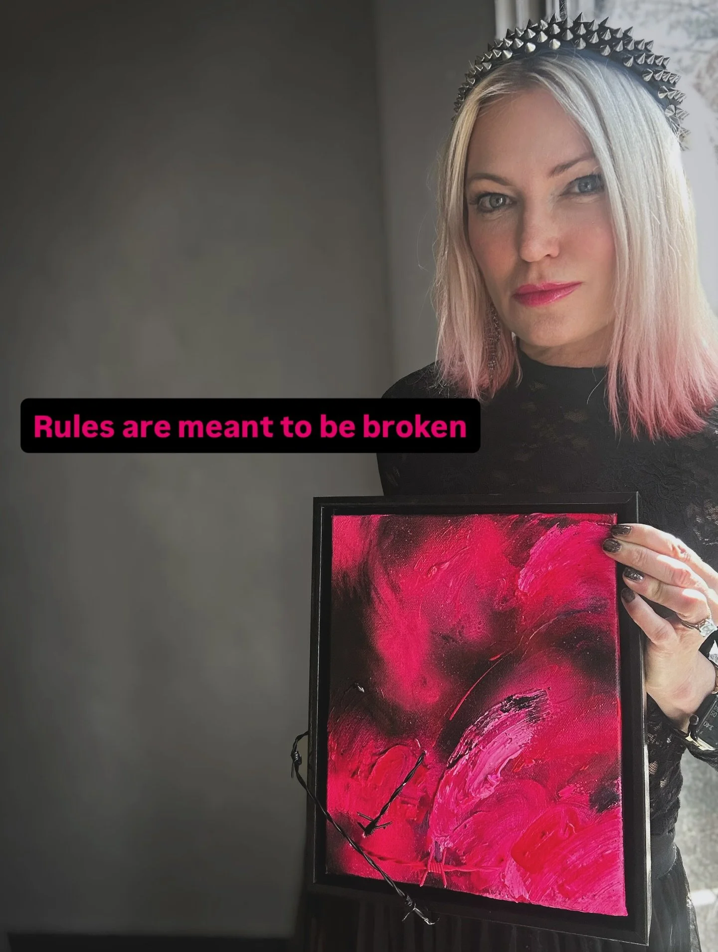 Queens don&rsquo;t ask. They take. And break when necessary.
Black and magenta collide in this defiant piece, slashed with barbed wire and layered with acrylic and spray paint. Inspired by the fearless spirit of Vivienne Westwood and the raw power of