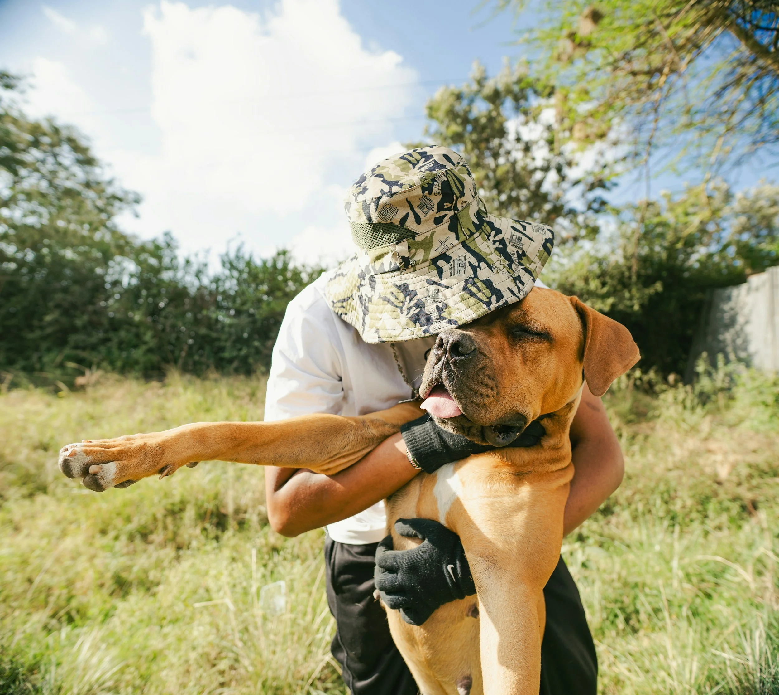 Person in a camouflage hat and white shirt holding a large brown dog with a white chest outdoors in a grassy area, with trees and blue sky in the background.