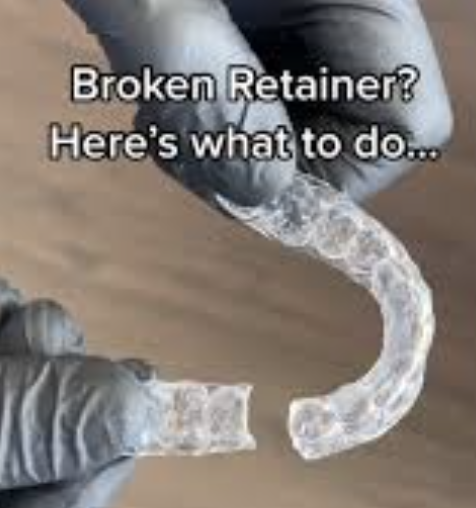A person wearing gloves holding a broken plastic retainer, with text that says, "Broken Retainer? Here's what to do..."