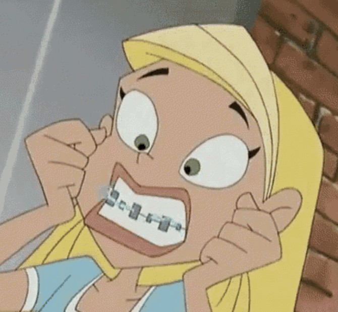 Animated girl with braces, pulling on her cheeks, wearing a yellow headscarf.