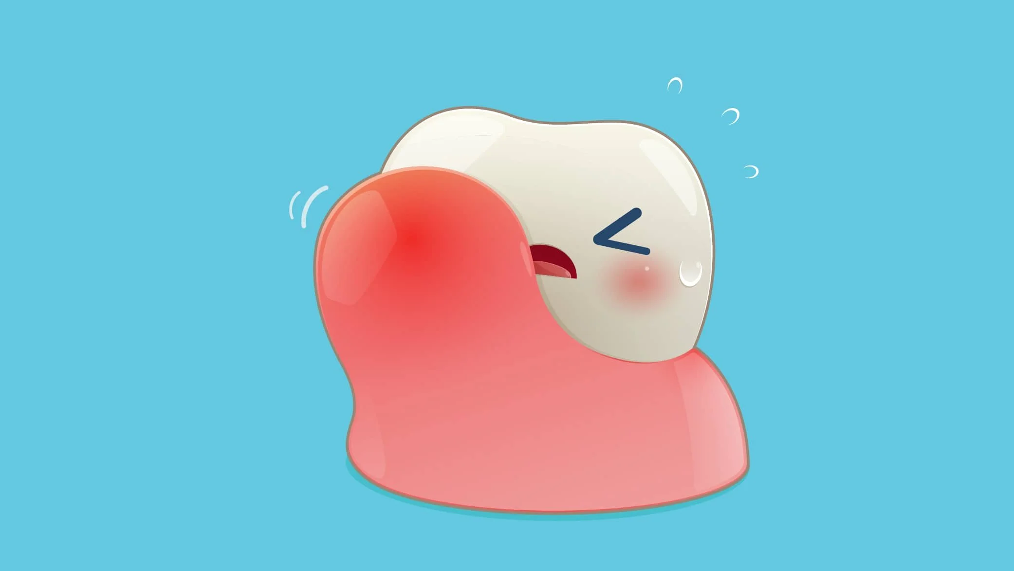 A cartoon of a tooth with a pained expression, holding a large red ice pack against its cheek, indicating toothache or dental pain.