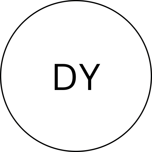 Black circle with the letters 'DY' inside, on a white background.