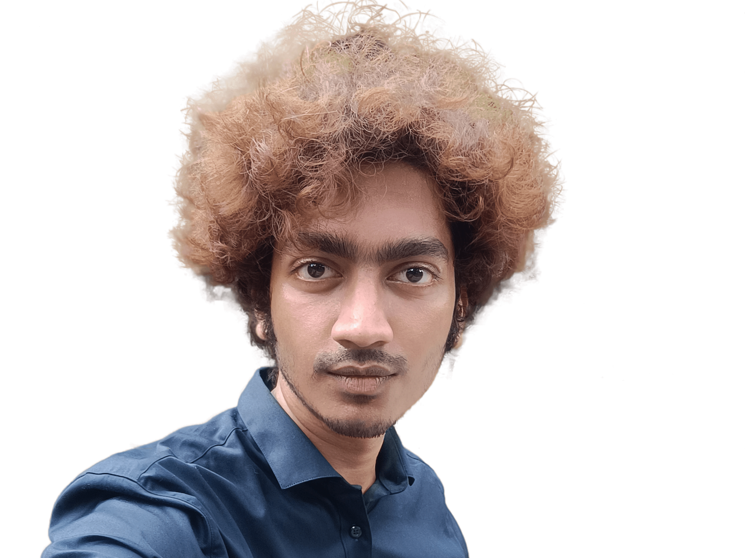 Person with curly hair wearing a blue shirt, white background