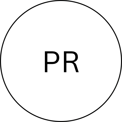 Black circle outline with "PR" letters inside