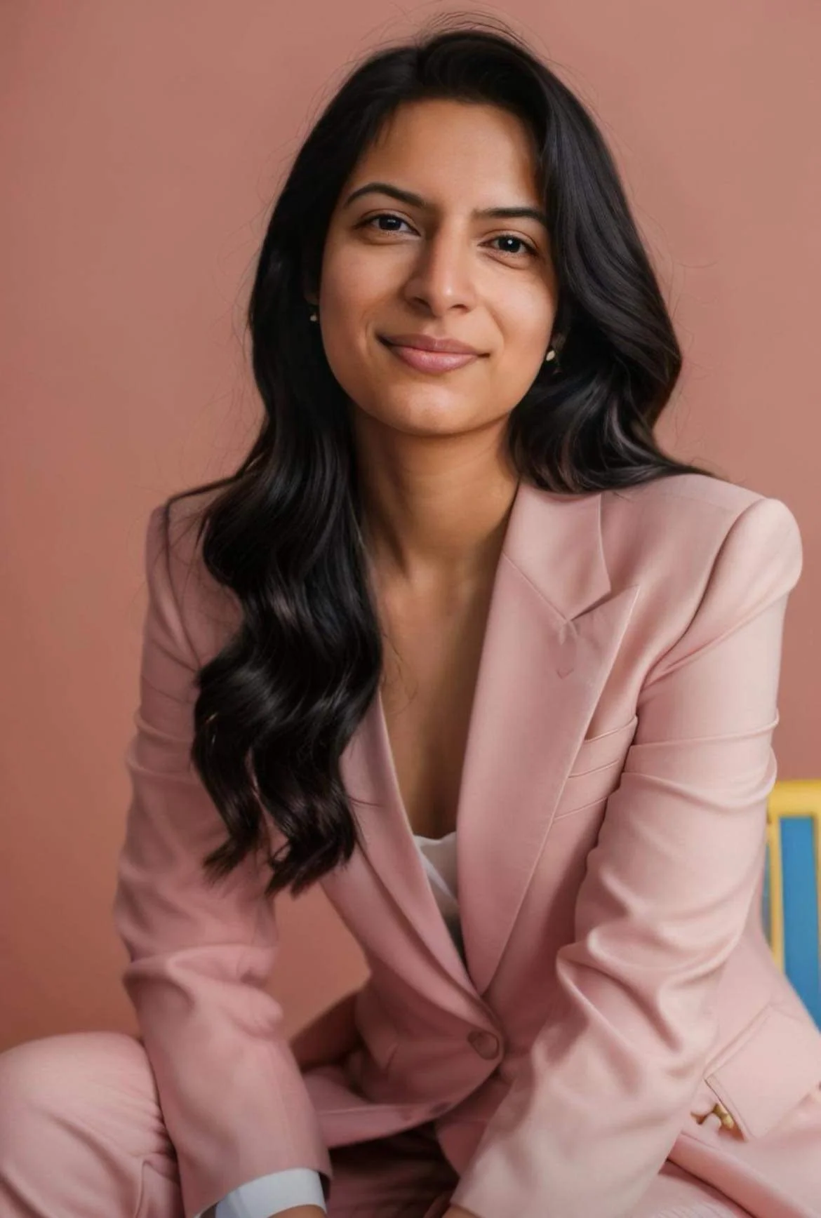 Portrait of a woman (Kanika Puri) with long dark hair wearing a pink suit, sitting against a peach-colored background.