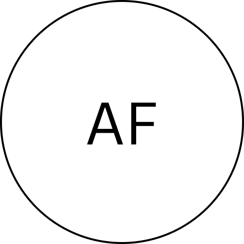 Black circle with the text "AF" centered inside, on a white background.