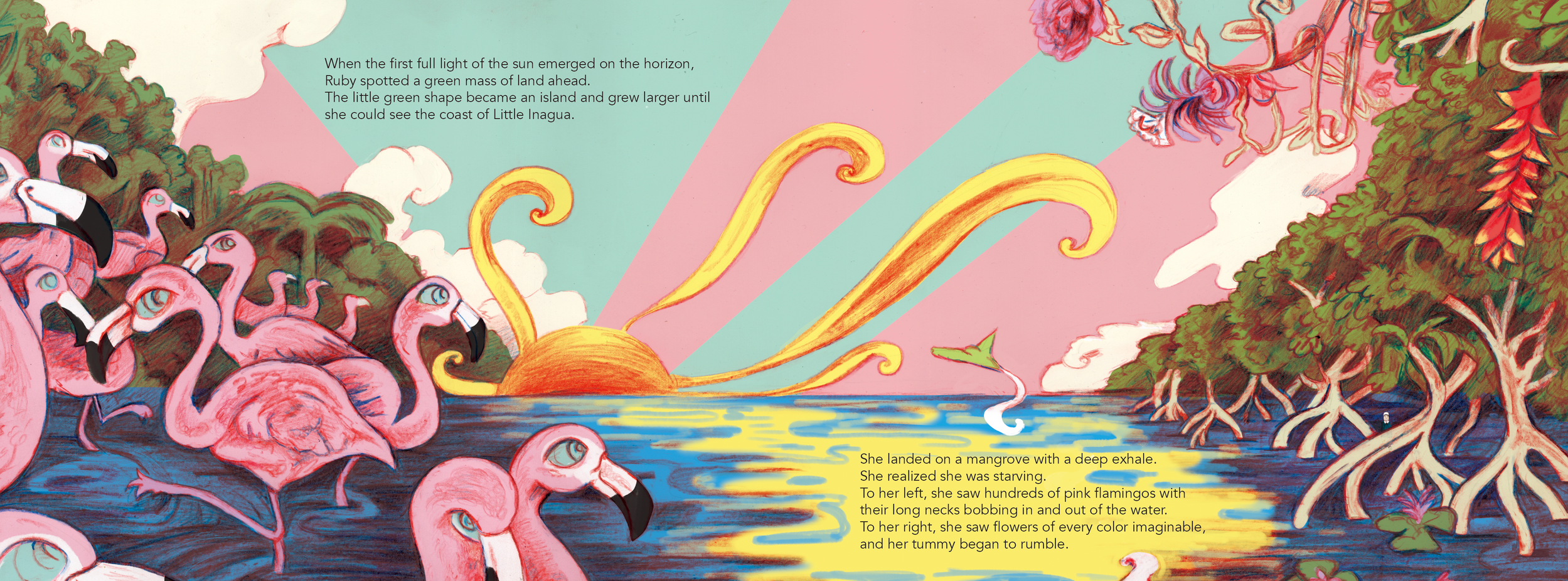 Interior illustration from Ruby's Waves, vibrant hummingbird art by Francesco Orazzini