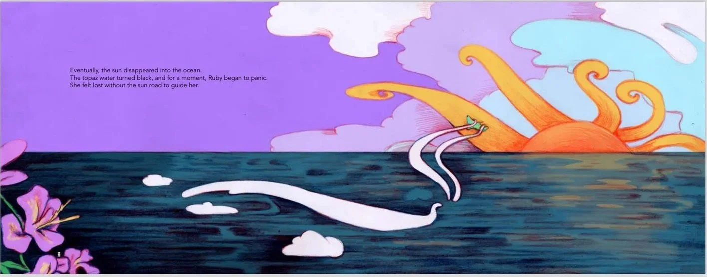 Interior illustration from Ruby's Waves, vibrant hummingbird art by Francesco Orazzini