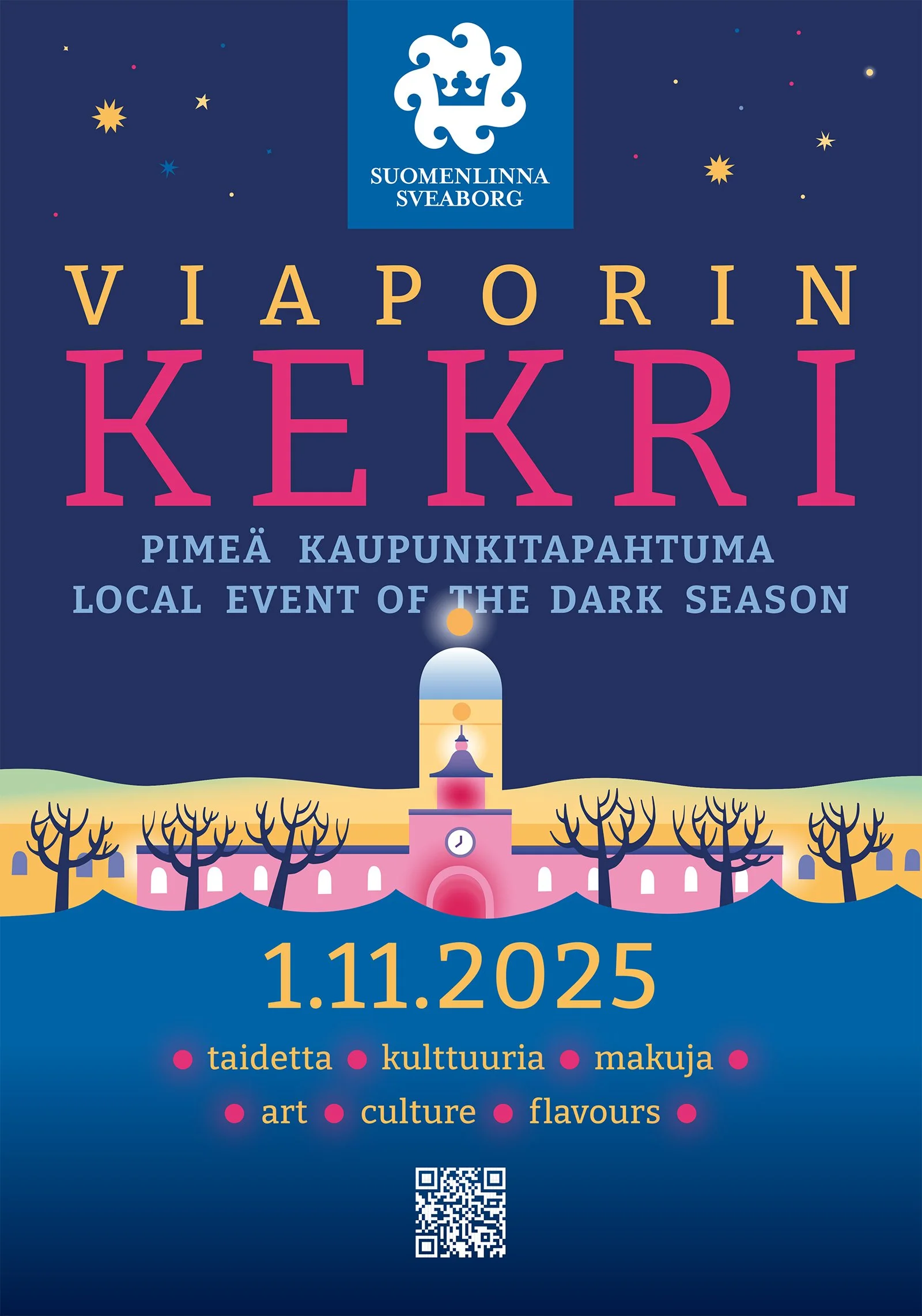 Posterdesign, illustrationer for Viaporin Kekri 2025. Kekri is Suomenlinna’s dark season urban event – full of art, culture, and flavours! Viaporin kekri is a contemporary urban celebration inspired by old Finnish kekri traditions.