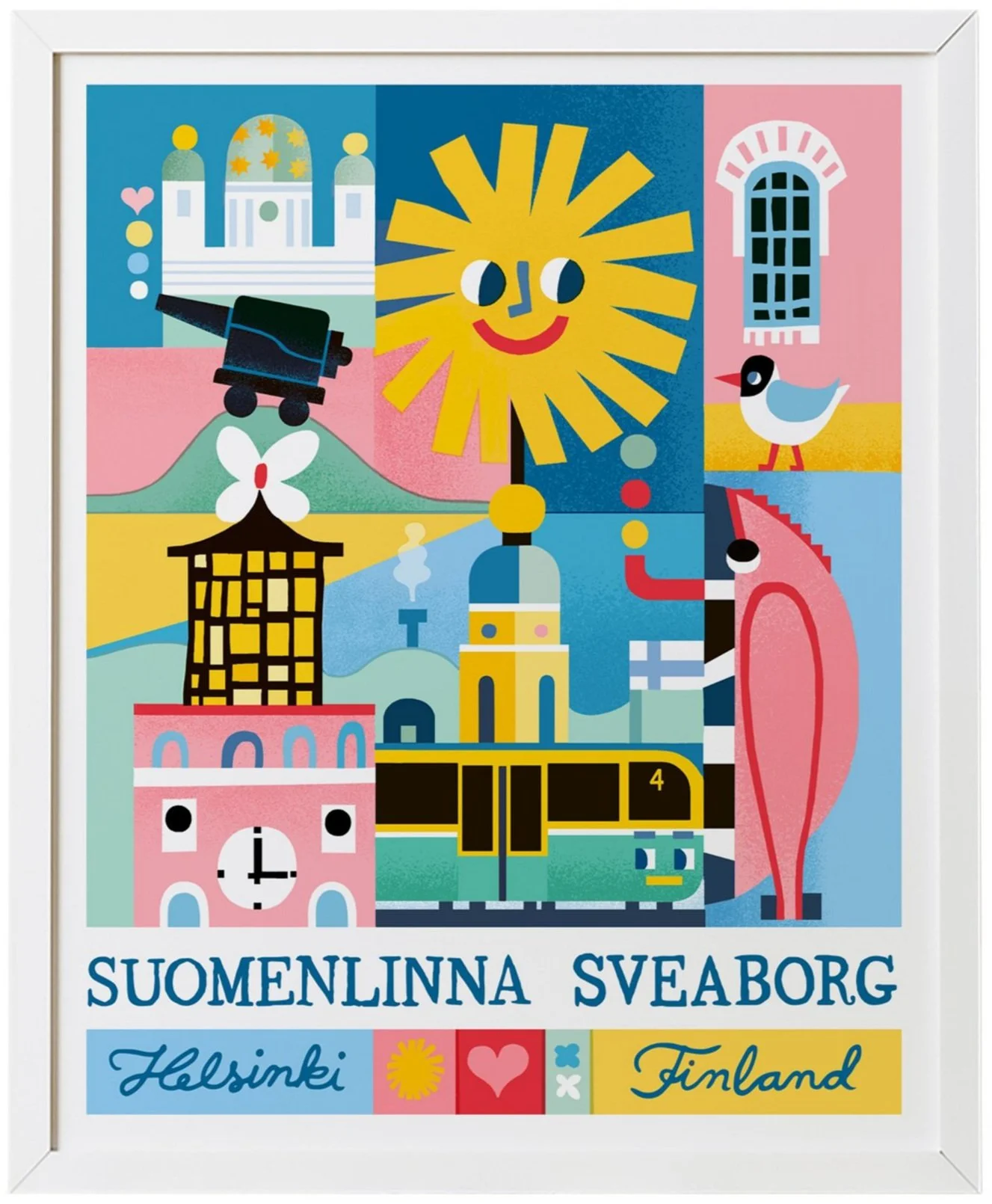 Helsinki, Suomenlinna, värikäs, iloinen kuvitus. Tuomionkirkko, Suomenlinnan kirkontorni, aurinko, ratikka, lokki, ja Vesikko