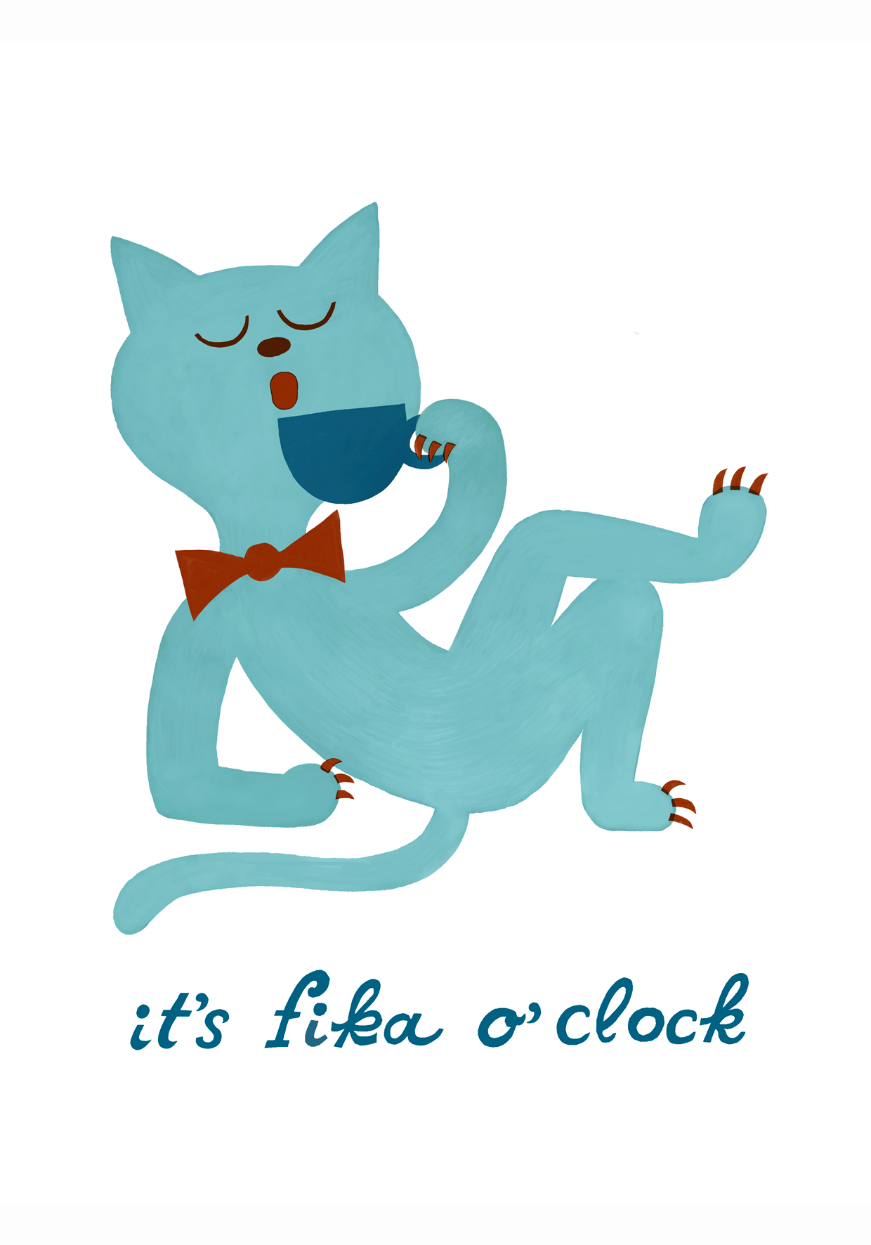 An illustrated blue feline character with a bow tie, holding a cup and singing, with the text "it's fika o'clock" below.