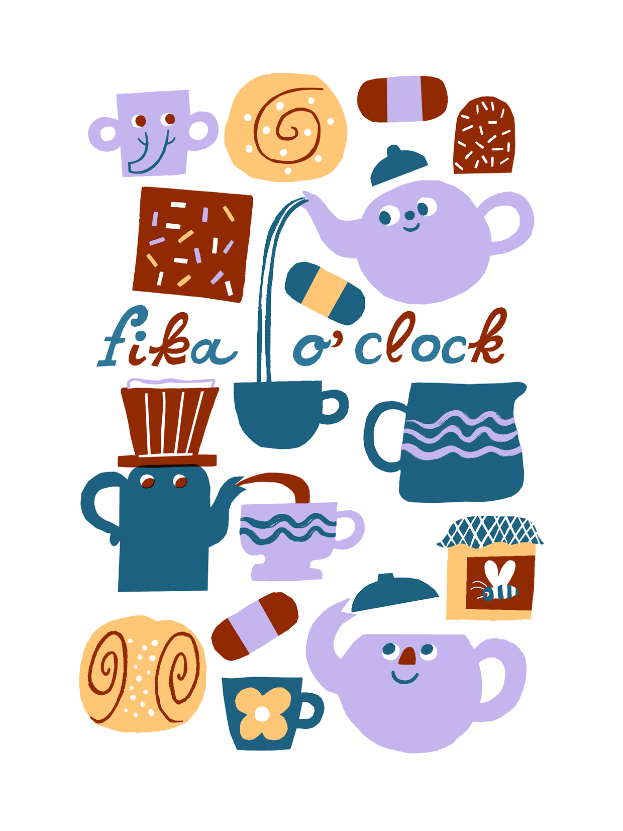 Kuvassa on erilaisia kahvikuppeja, leivoksia ja 'fika o'clock'
