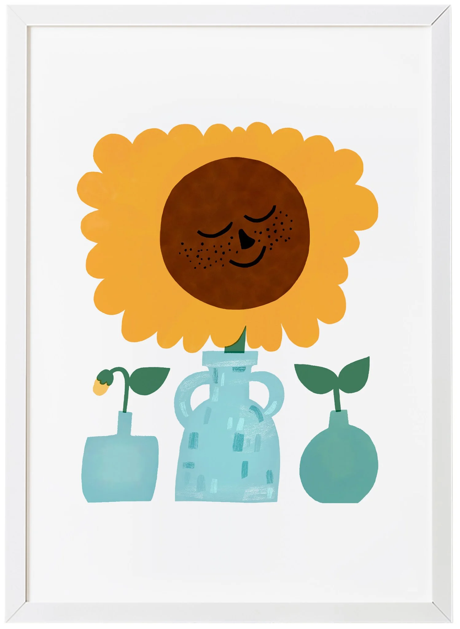 Kuvassa on auringonkukka jolla on kasvot ja tyytyväinen, ylpeä ja rauhallinen ilme. Kukalla on kaksi pientä taimenta vierellään.