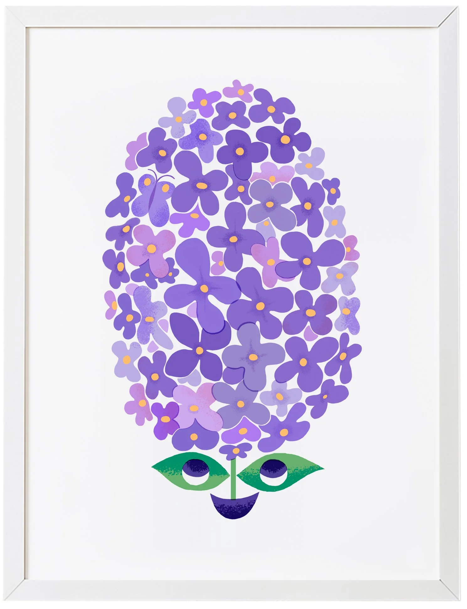 Kuvassa on syreenipuun oksa joka on pullollaan kukkia ja joka samalla muodostaa ison pyöreän alueen joka muistuttaa hiuksia ja jonka alla on kasvot / pieni purjelaiva.