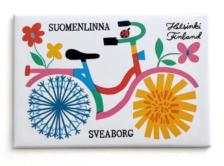 Illustrated firdge magnet, bike, flowers and text Suomenlinna Sveaborg Helsinki Finland
