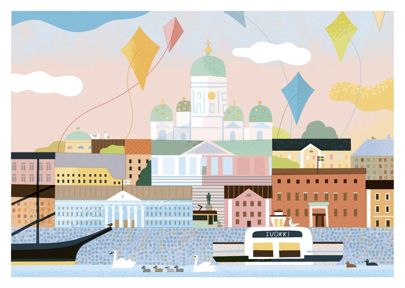 Piirroskuva Helsingin kaupungista, meren rannalla, jossa on veneitä ja rakennuksia kuten kirkko ja kaupungintalo, sekä taivaalla värikkäitä perhosia ja leijoja.